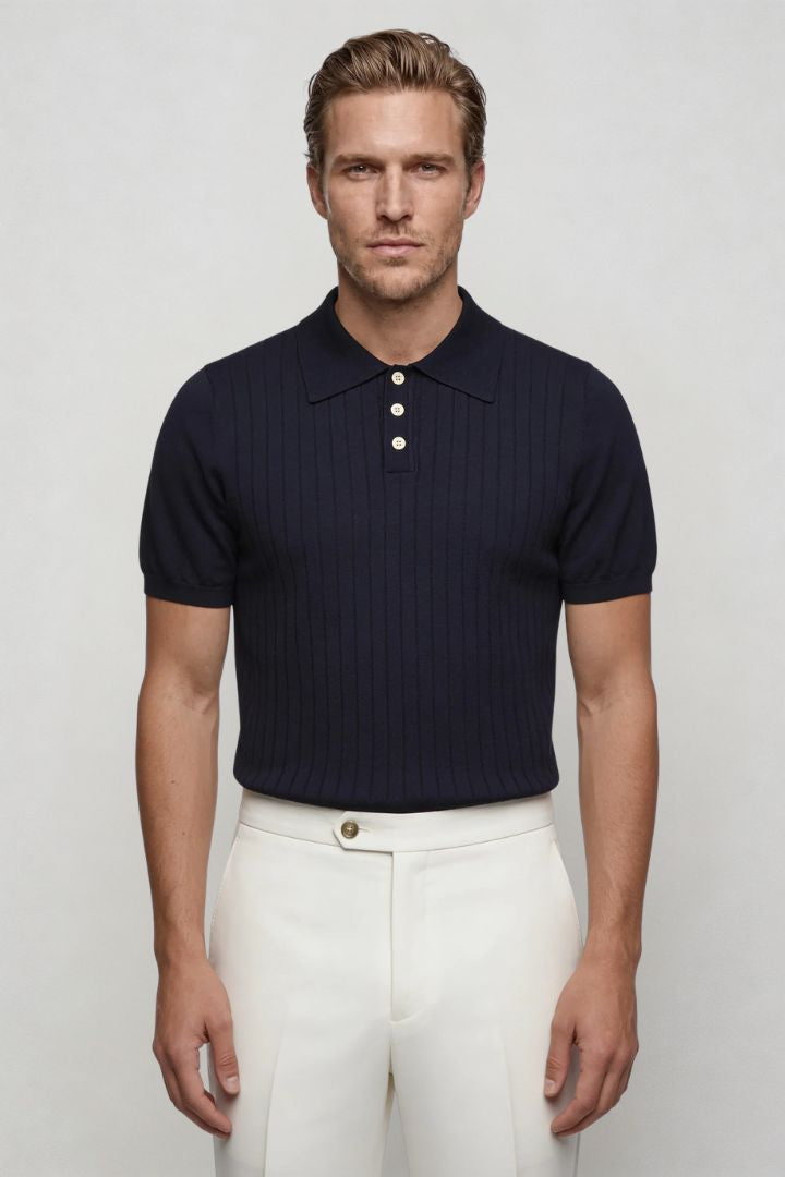 men navy ribbed knit polo shirt slim fit hero image