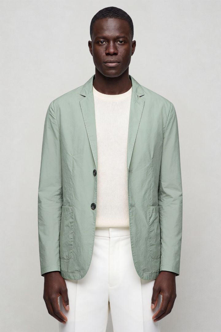 Mens lightweight sage green blazer jacket front view