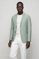 Mens lightweight sage green blazer jacket front view Lavencio