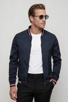 Kingsley Lightweight Zip Jacket – Navy Polyester Bomber – Contrast Rib Detail – Modern Fit – Front View