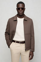 Mens brown wool blend zip jacket front view