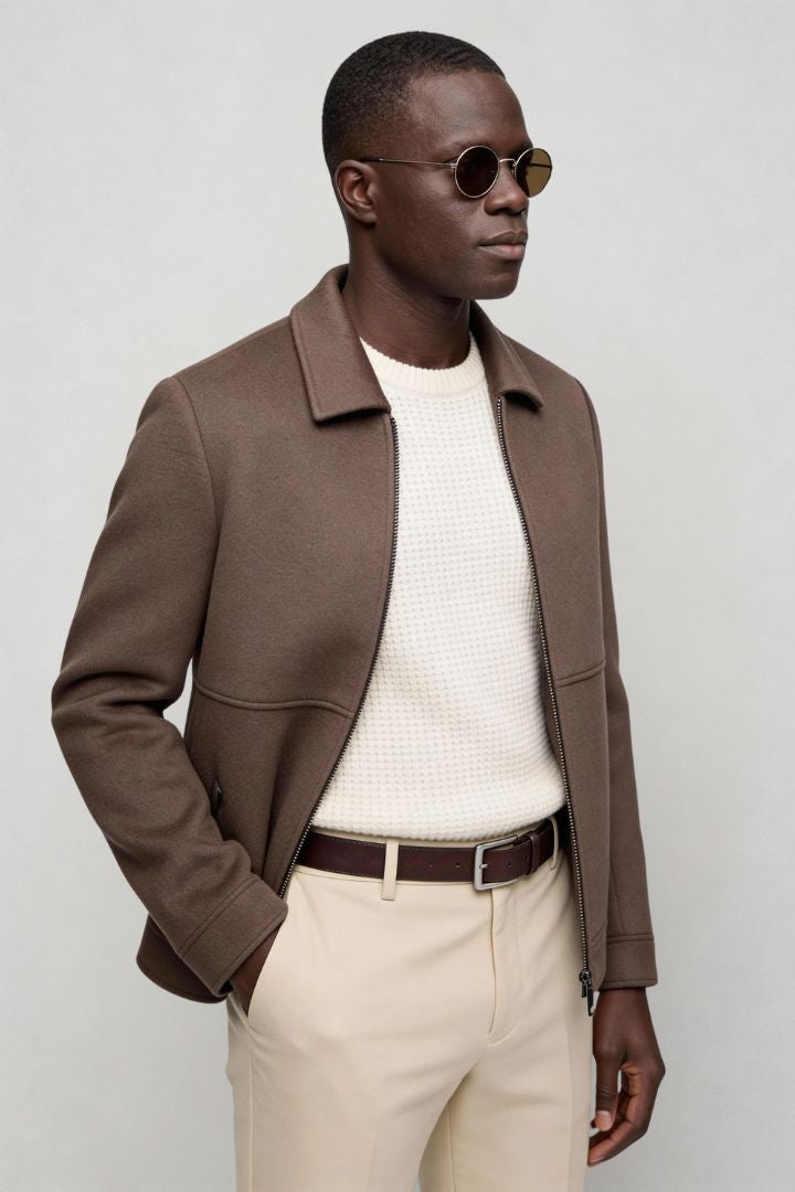 Mens winter wool zip coat side angle