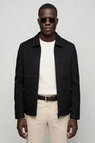 Mens black wool blend zip jacket front view