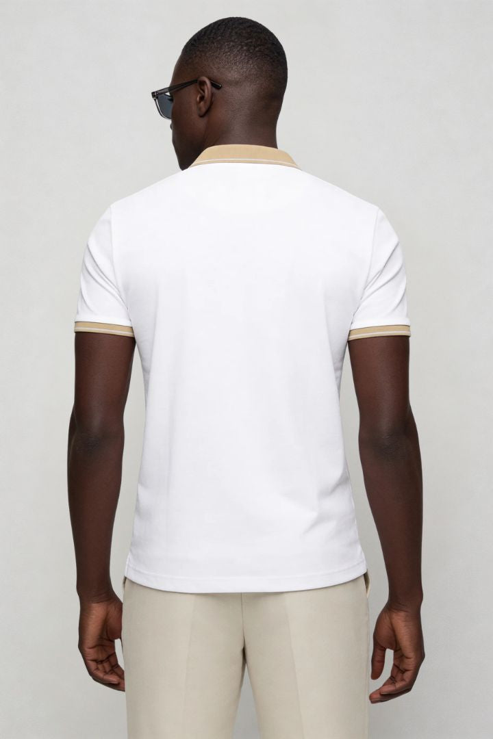 Men’s tailored summer polo shirt with contrast collar and breathable stretch fabric for modern casual style in white back view