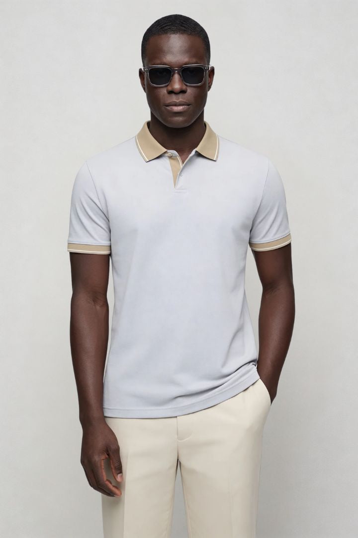 Men’s tailored summer polo shirt with contrast collar and breathable stretch fabric for modern casual style in gray