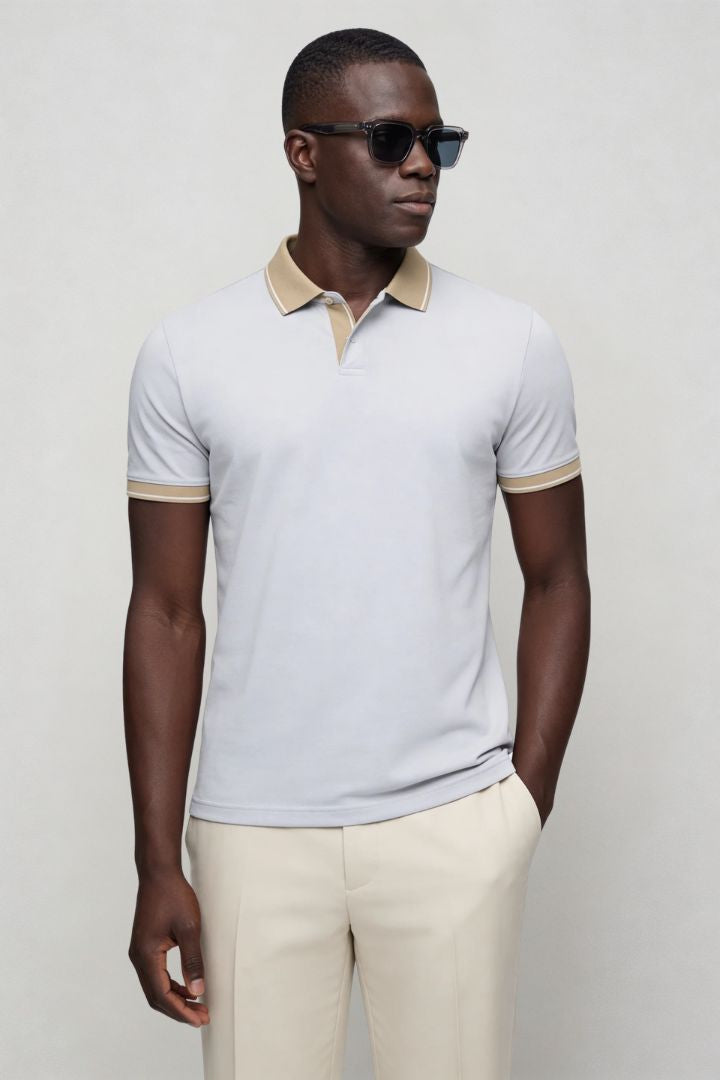 Men’s tailored summer polo shirt with contrast collar and breathable stretch fabric for modern casual style in gray front view
