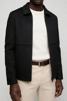 Mens black wool blend zip jacket front view close-up