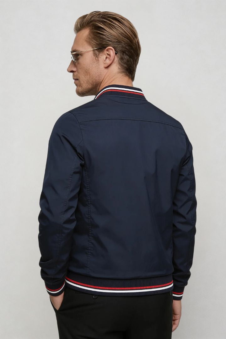 Kingsley Lightweight Zip Jacket – Navy Polyester Bomber – Contrast Rib Detail – Modern Fit – Back View