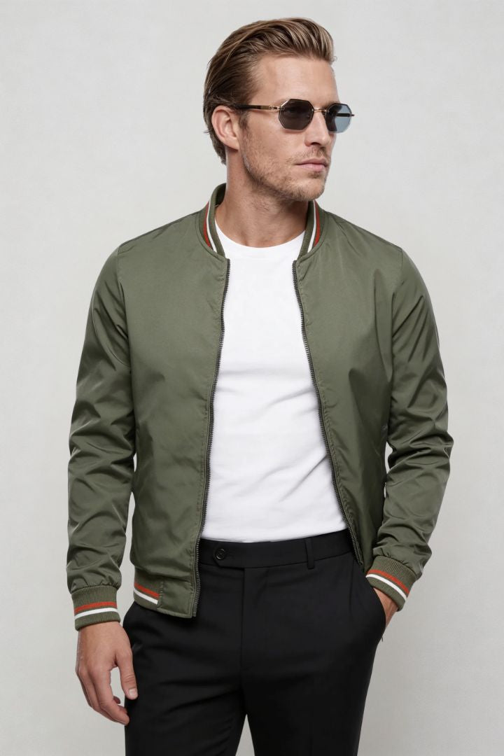 Kingsley Lightweight Zip Jacket – Green Polyester Bomber – Contrast Rib Detail – Modern Fit – Front View