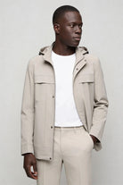 Men’s beige lightweight hooded polyester jacket spring fall outerwear front view