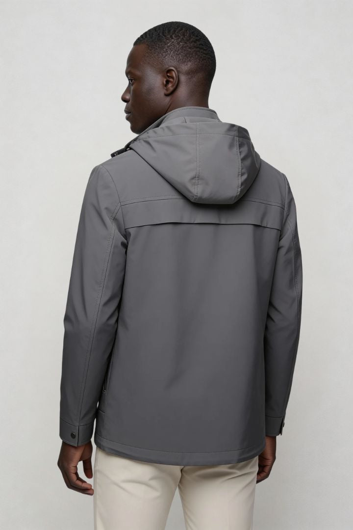 Men’s gray lightweight hooded polyester jacket spring fall outerwear back view