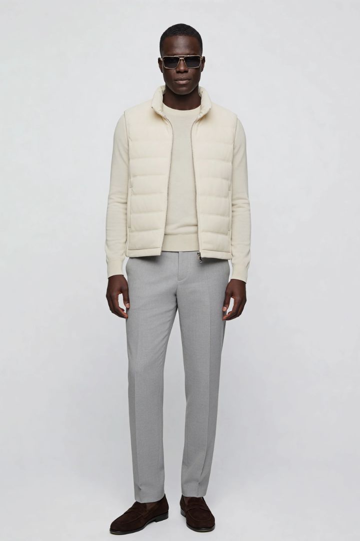 mens white down puffer vest lightweight insulated gilet with full outfit of Lavencio