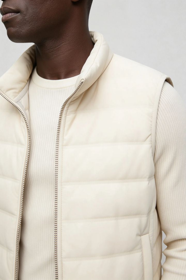 mens white down puffer vest lightweight insulated gilet close-up