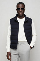 mens navy down puffer vest lightweight insulated gilet front side