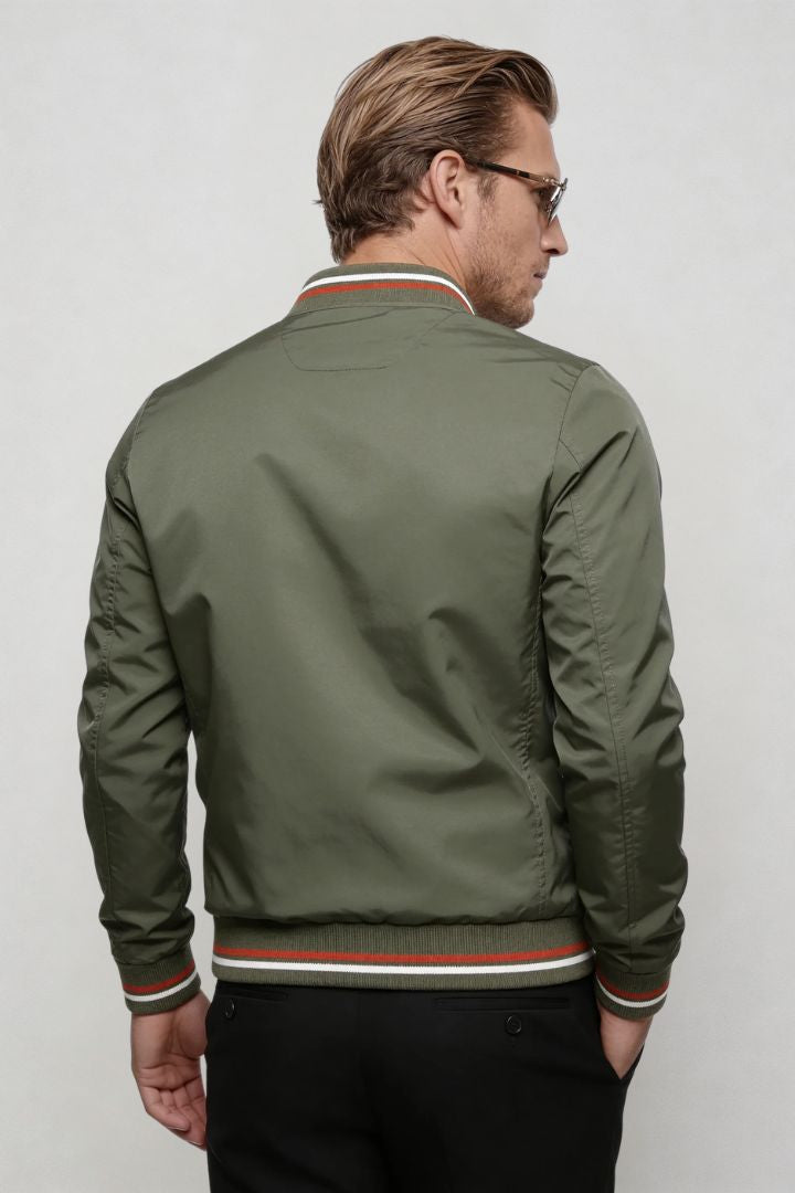 Kingsley Lightweight Zip Jacket – Green Polyester Bomber – Contrast Rib Detail – Modern Fit – Back View