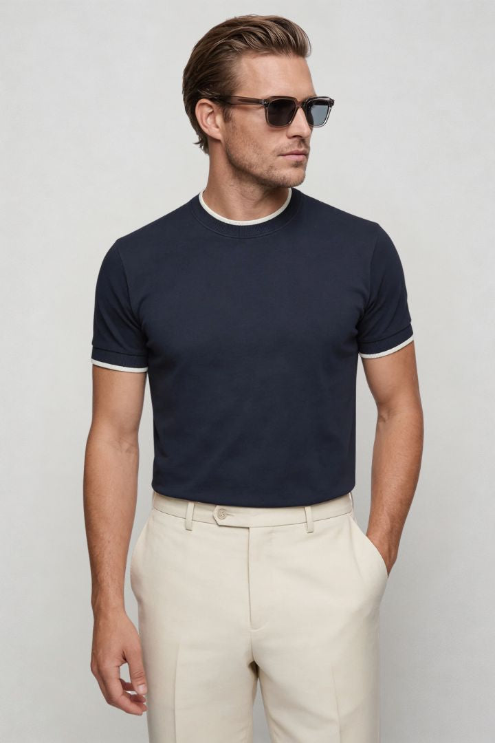 mens navy crew neck t-shirt lyocell cotton silk blend  side pose
