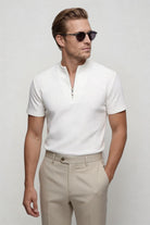Men's waffle knit half-zip t-shirt with textured cotton blend fabric and modern tailored fit, refined casual menswear essential in white 