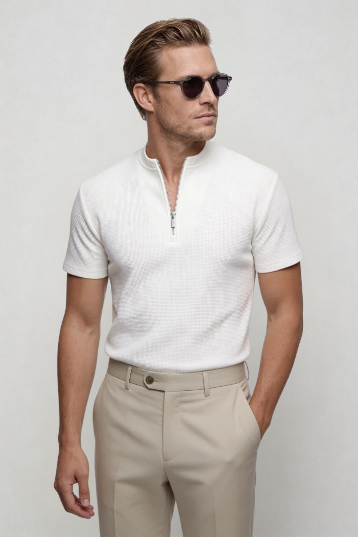 Men's waffle knit half-zip t-shirt with textured cotton blend fabric and modern tailored fit, refined casual menswear essential in white 