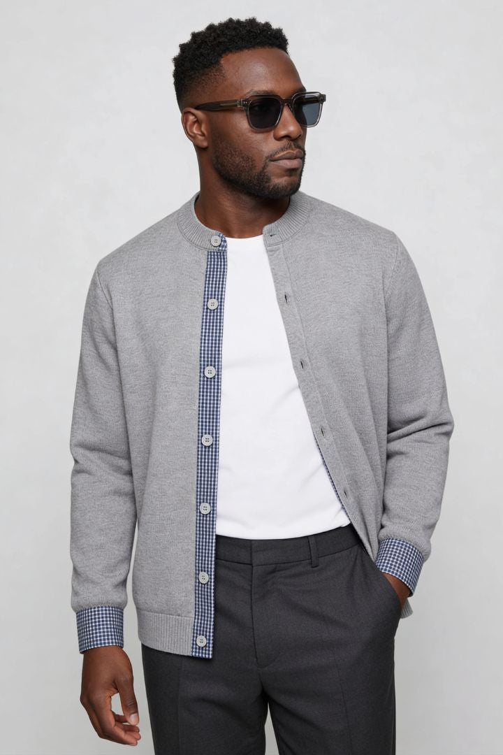 mens light gray knit button cardigan sweater casual layering side pose