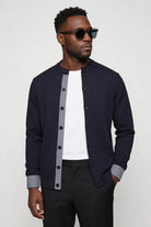 mens navy knit button cardigan sweater lightweight side pose
