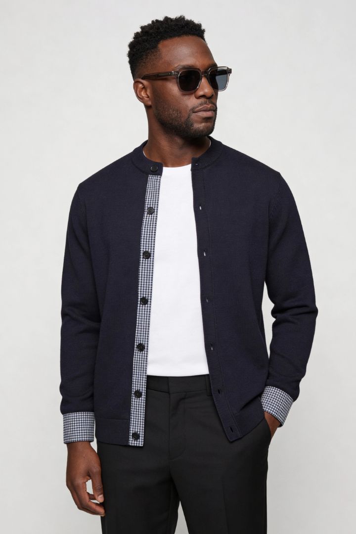 mens navy knit button cardigan sweater lightweight side pose