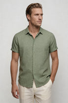 Men’s linen blend short sleeve Riviera shirt designed for breathable summer comfort in green front view