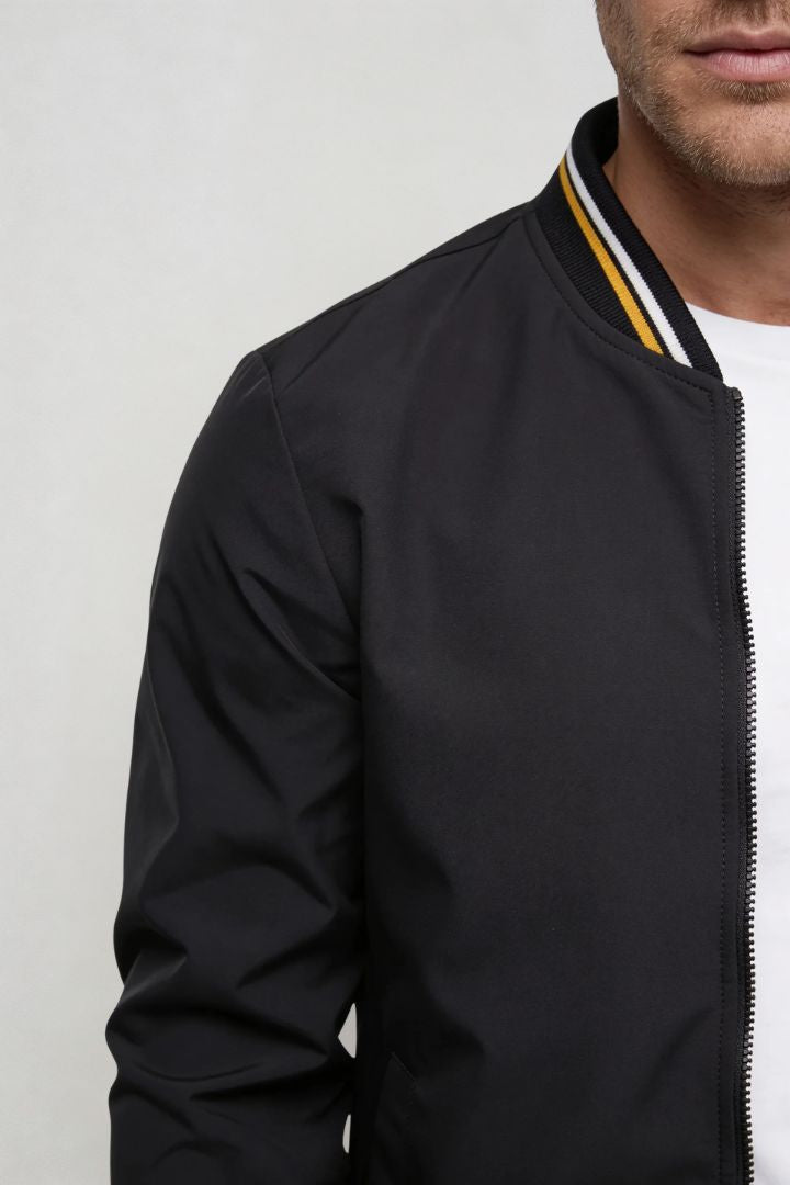 Kingsley Lightweight Zip Jacket – Black Polyester Bomber – Contrast Rib Detail – Modern Fit – Close-Up View