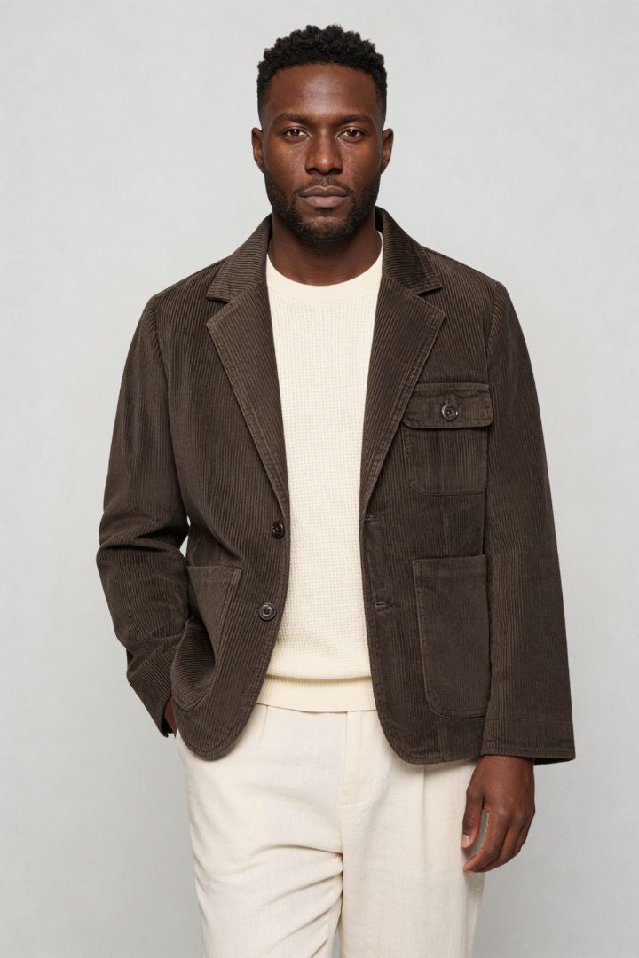 Men’s brown corduroy blazer jacket with retro tailored fit front