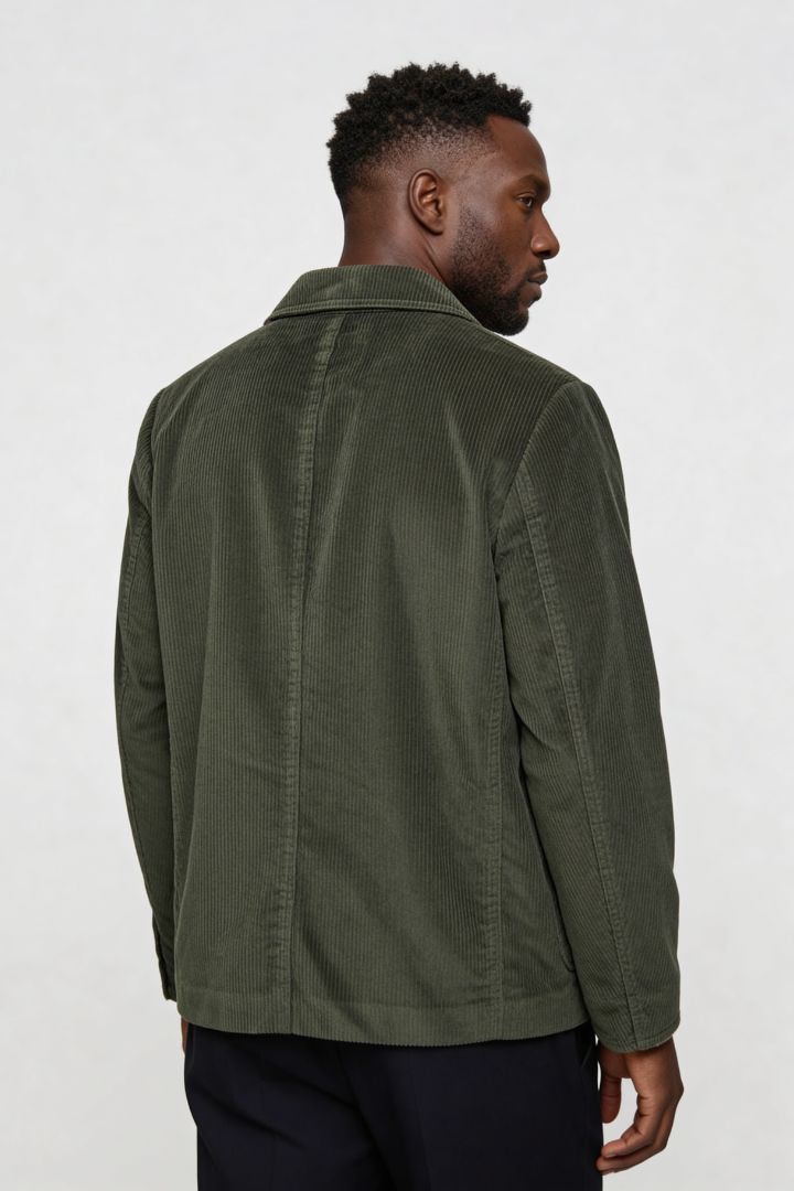 Men’s olive green corduroy blazer jacket with retro tailored fit back