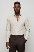 Lavencio Men’s 100% linen button up shirt in light beige with tailored fit