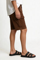 Men's corduroy cargo shorts relaxed fit textured summer shorts with utility pockets brown side view