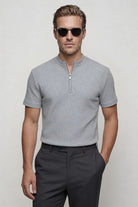 Men's waffle knit half-zip t-shirt with textured cotton blend fabric and modern tailored fit, refined casual menswear essential in gray 