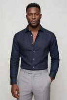 Lavencio Men’s 100% linen button up shirt in royal blue with tailored fit