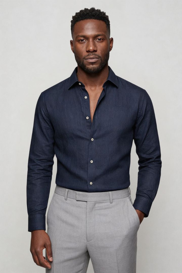 Lavencio Men’s 100% linen button up shirt in royal blue with tailored fit