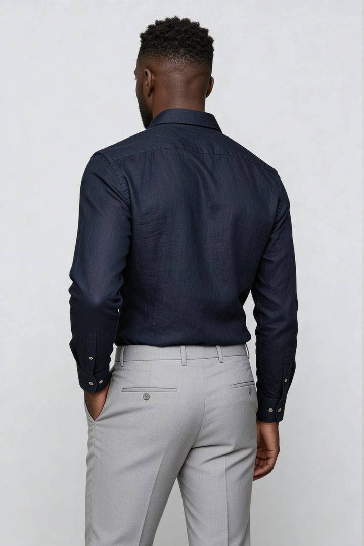 Lavencio Men’s 100% linen button up shirt in royal blue with tailored fit back