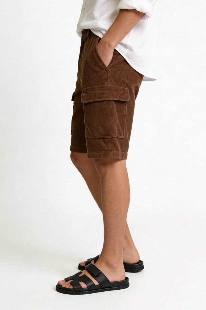 Men's corduroy cargo shorts relaxed fit textured summer shorts with utility pockets brown side view