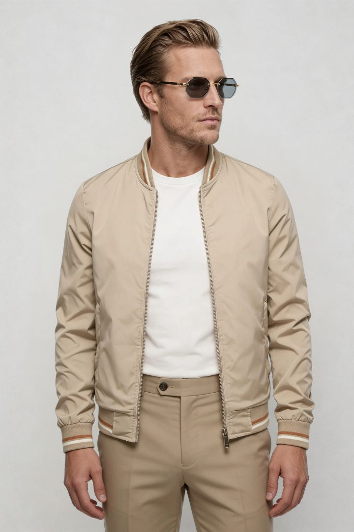 Kingsley Lightweight Zip Jacket – Beige Polyester Bomber – Contrast Rib Detail – Modern Fit – Front View