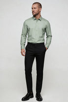 Lavencio Men’s tailored modal dress shirt in sage green with modern slim fit in full outfit