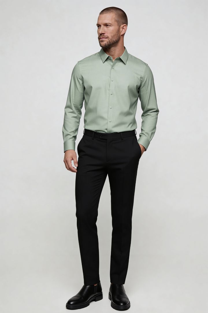 Lavencio Men’s tailored modal dress shirt in sage green with modern slim fit in full outfit