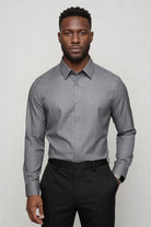 Lavencio Men’s tailored modal dress shirt in gray with modern slim fit front pose