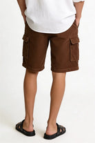 Men's corduroy cargo shorts relaxed fit textured summer shorts with utility pockets brown back view