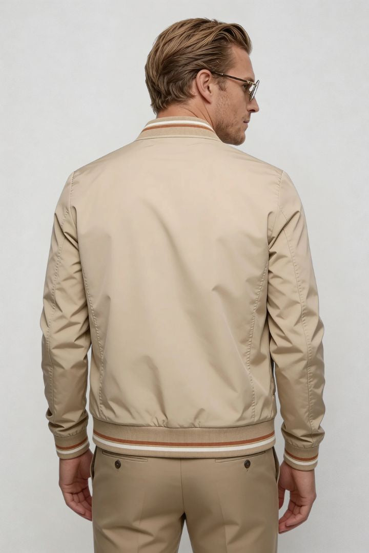 Kingsley Lightweight Zip Jacket – Beige Polyester Bomber – Contrast Rib Detail – Modern Fit – Back View