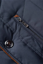 Close-up of a navy blue jacket with a button and zipper detail.