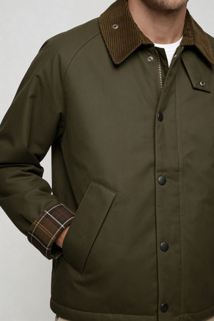 men olive green corduroy collar barn jacket close-up