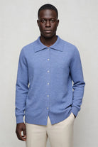 Men’s 100% wool knit cardigan sweater in blue with button front and classic collar design