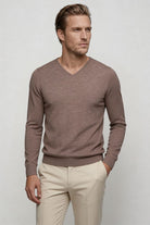 Men’s taupe lightweight V-neck knit sweater with ribbed cuffs and clean slim silhouette front view