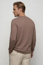 Men’s taupe lightweight V-neck knit sweater with ribbed cuffs and clean slim silhouette back view