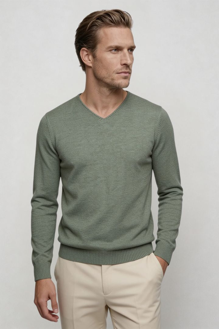 Men’s green lightweight V-neck knit sweater with ribbed cuffs and clean slim silhouette front view
