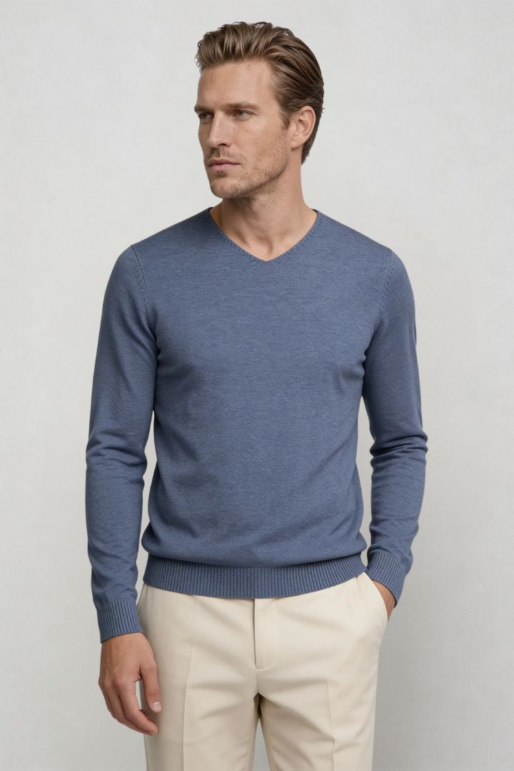 Men’s blue lightweight V-neck knit sweater with ribbed cuffs and clean slim silhouette front view