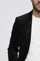 Lavencio Men’s slim fit black corduroy blazer with notch lapel and two-button closure close-up